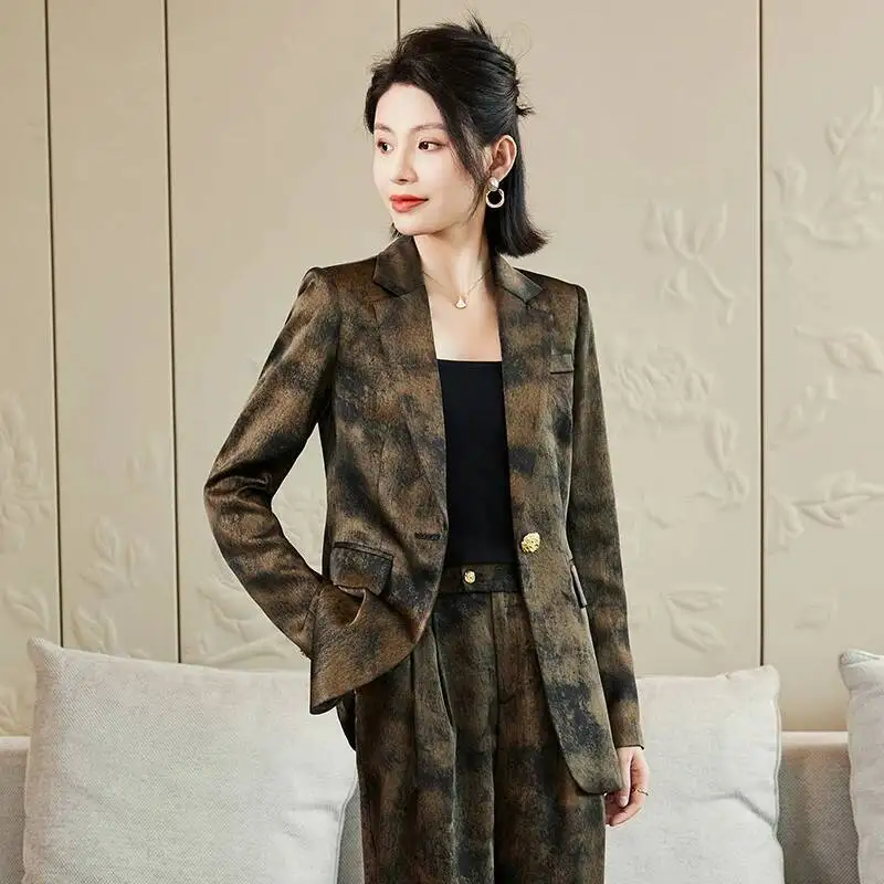 High Quality Fabric Autumn Winter Formal Pantsuits Professional Work Wear Blazers Floral Business Career Interview Trousers Set