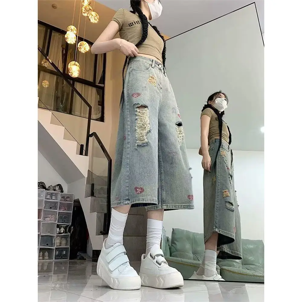 

Trendy Ripped Denim Jeans Women's Summer New Style 2026 Hiphop Embroidered Loose Seven-Five Pants Casual High Waist Wide Leg