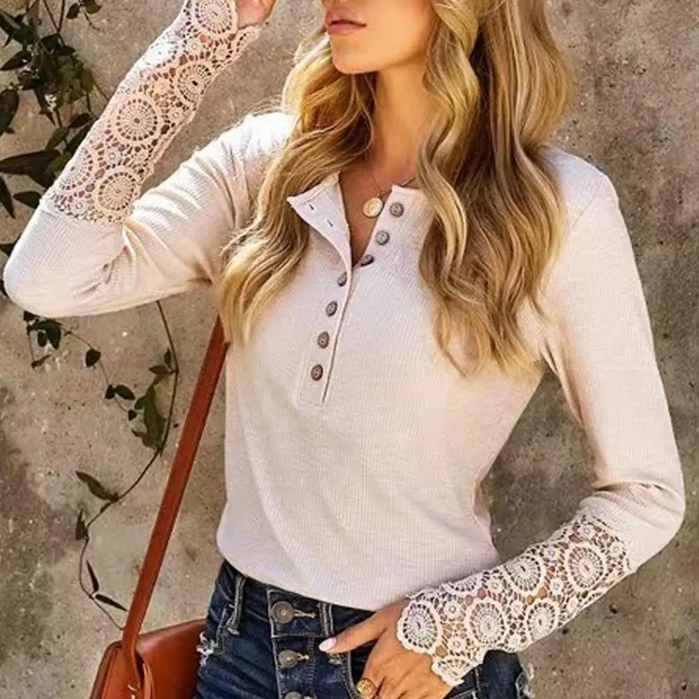 Women T-shirt Round Neck Buttons Half Placket Long Sleeve Lace Stitching Pullover Tops Solid Color Regular Fit Ribbed Tee Shirt