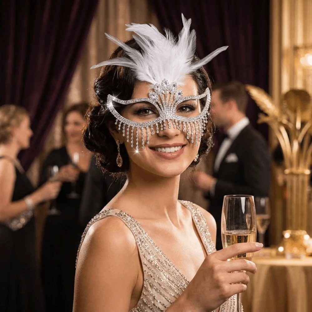 Elegant Mysterious Style Rhinestone Mask High-End Sparkle Decorative Feather Mask Creative Half-Face Mask Women