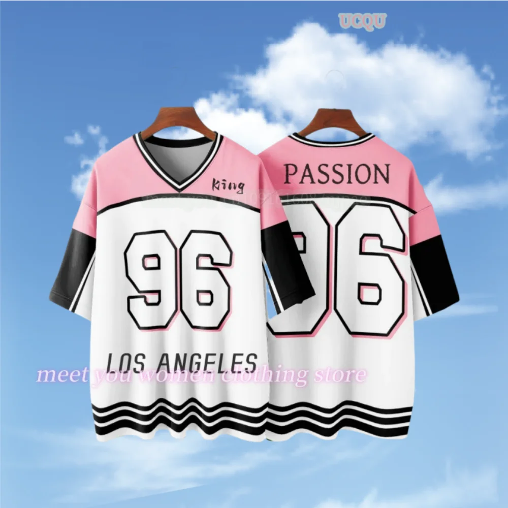 

SummerWomen Los Angeles PASSIO 96 Print V-Neck Short Sleeve T-Shirt Graphic Tee Baseball Jerseys Stripe Oversized Sport T-Shirt