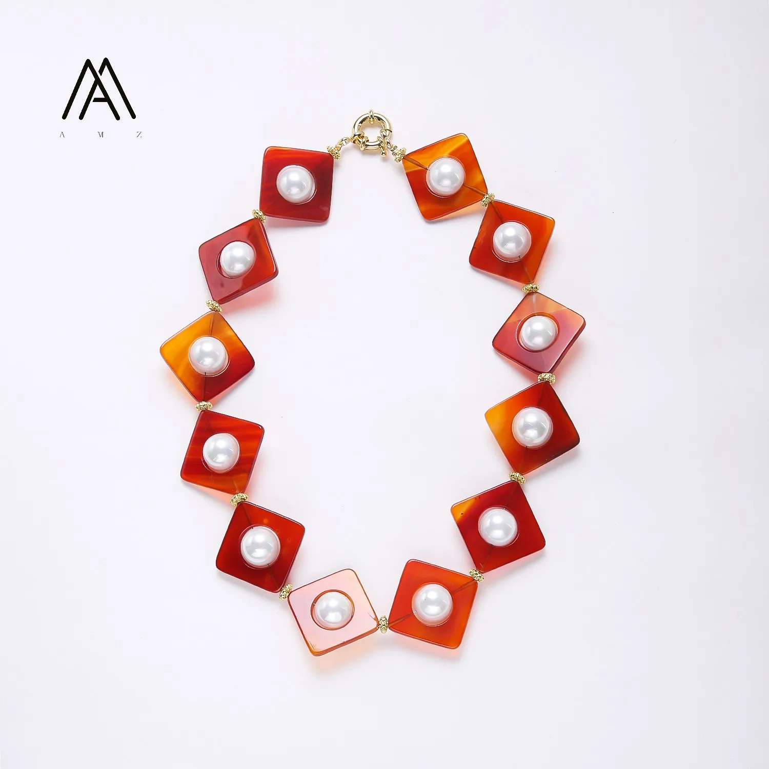 Fashion Square Red Coral Necklace with shell Pearl Women's Oval Red Coral Necklace Gold Plated Brushed Beads with Turquoise Bead