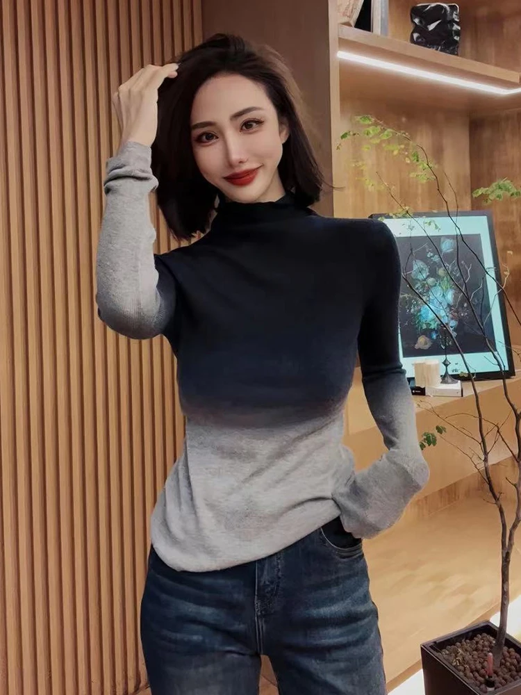 

Women's adient Color High Collar Wool Base irt Faionable Slim Fit Knitted Sweater Autumn Winter Commute Sle Long Sve