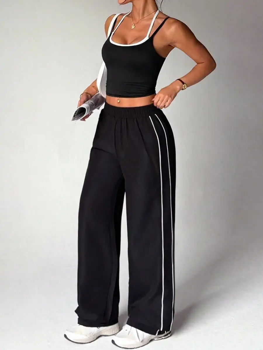

2pcs Women Sportswear Set Contrast Color Sleeveless Top And Wide Leg Pants For Casual Yoga Gym