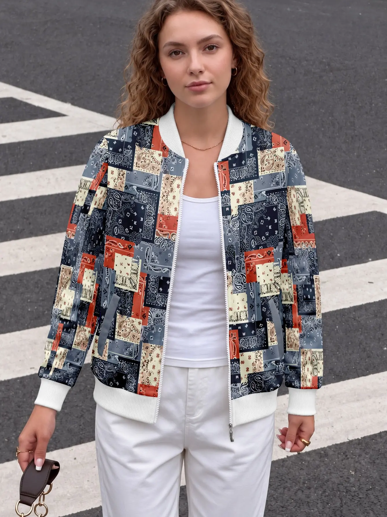 Women's Color Block Abstract Regular Baseball Collar Full Zip Baseball Jacket Slant Pockets Sweet Cool Campus All Season