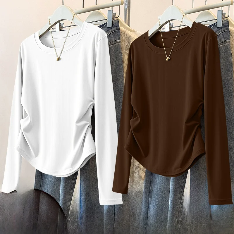 Fashionable Long Sleeve T-Shirt Women's 2025 New Style Spring Autumn High Waist Inner Wear Base Shirt Top Threaded Design