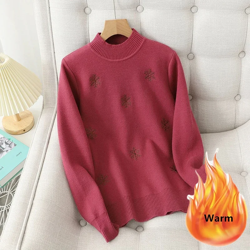 Winter Oversized 4xl Snowflake Embroided Thicken Sweater Women Casual Warm Pullover Plus Velvet Knit Tops Korean Knitwear Jumper