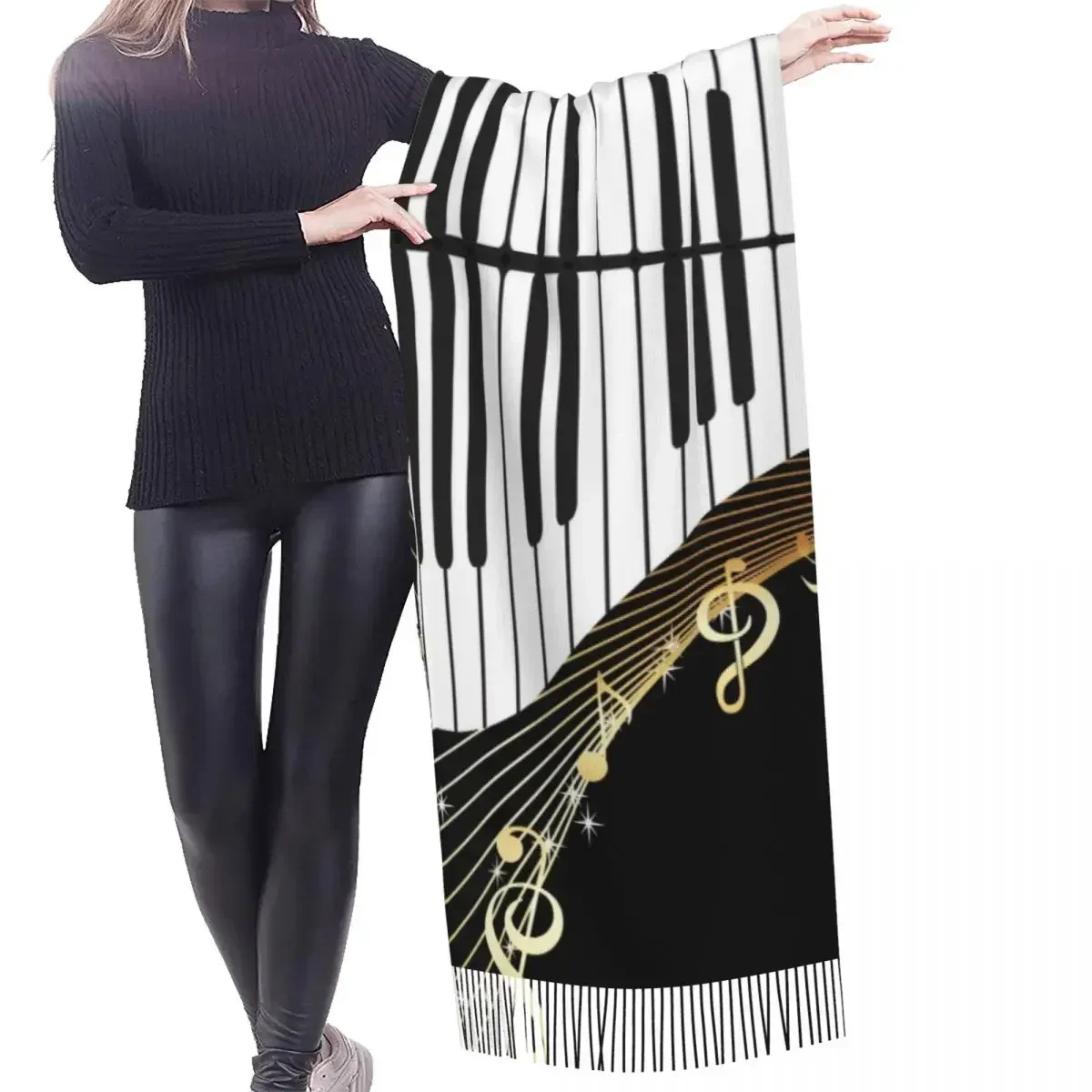 Lenço de notas musicais de piano inverno longo grande borla cachecóis envoltório macio pashmina