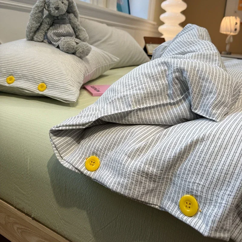 Luxury Striped Contrast Button Bedding Set Skin-Friendly Cozy Japanese Yarn-Dyed Home Decor Jacquard Quilt Cover Kit with Sheet