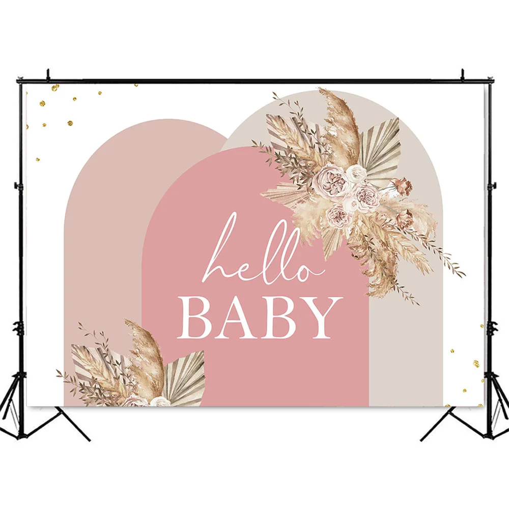 Boho Baby Shower Backdrop Pampas Grass Background for Baby Shower Pink Theme Decoration Hello Baby Floral Boho Party Supplies