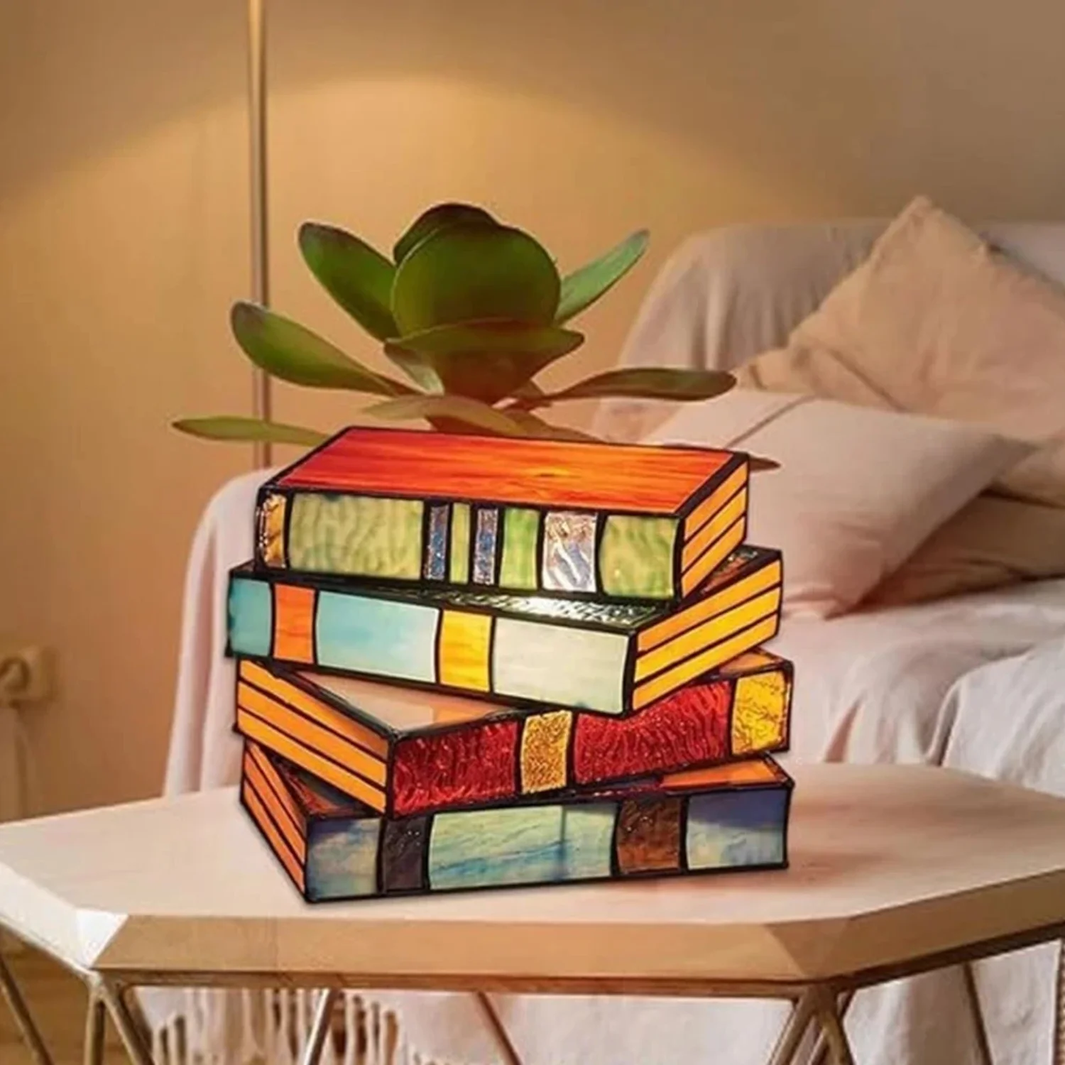 

Stained Glass Stacked Books Lamp Night Light Table Desk Reading Book Nightstand Lamps Handicraft