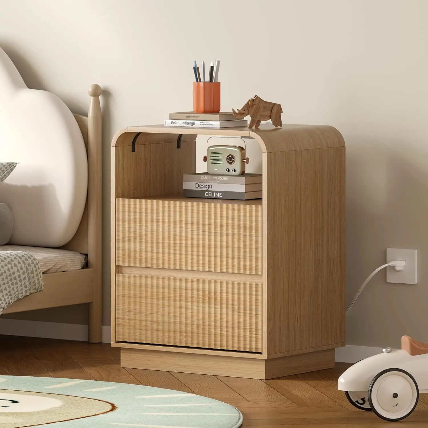Dresser with 2 Drawers and Charging Station, Fluted Bedside Table with Round Curved Corner, Hidden Handles, Customized
