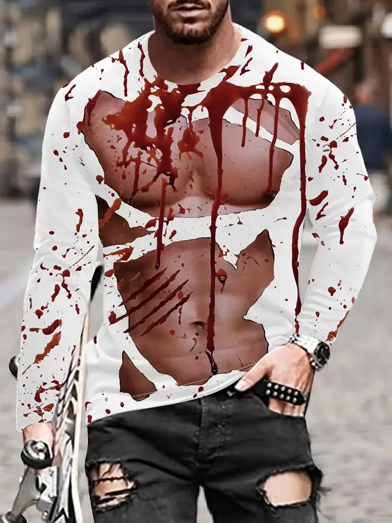 

Men's Bloody Graphic Halloween Long Sleeve T-Shirt Full Print Terrible Tee Shirts Tops New In Mens Casual Oversized Tshirts