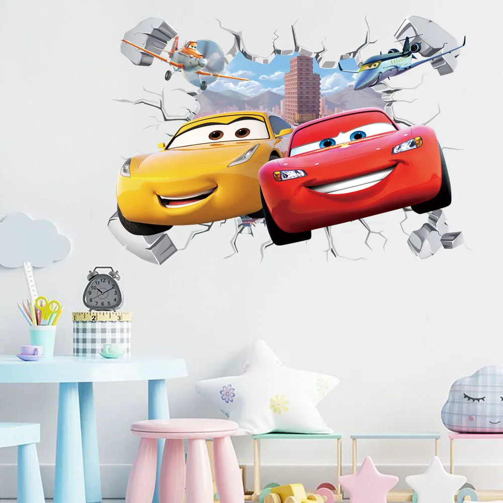 3D Brokenwall Lightning McQueen Cartoom Cars Wall Decor Decals For Boy Bedroom Kid Room Wallpaper Poster Mural Wall Stickers