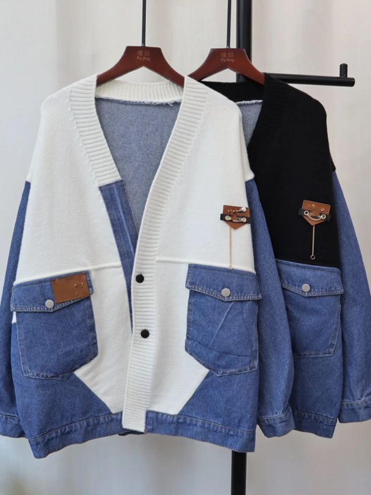 

Autumn Winter New Style Denim Patchwork Knit Cardigan Loose Casual Fashionable and Versatile Lazy Style Sweater Coat for Women