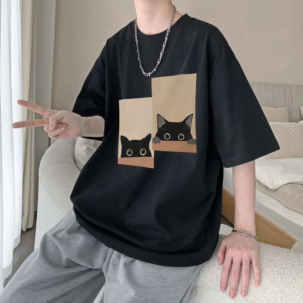 

Fashion Y2K Men Cotton T-shirts Cat Oversized Couple T-shirts Loose Pullovers Short Sleeve Top Men Women