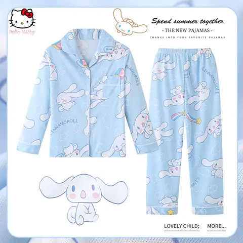 Anime Sanrioed Cinnamoroll Kuromi 헬로 키티 카디건 아동 잠옷 봄 긴팔 만화 귀여운 인쇄 Homewear Suit