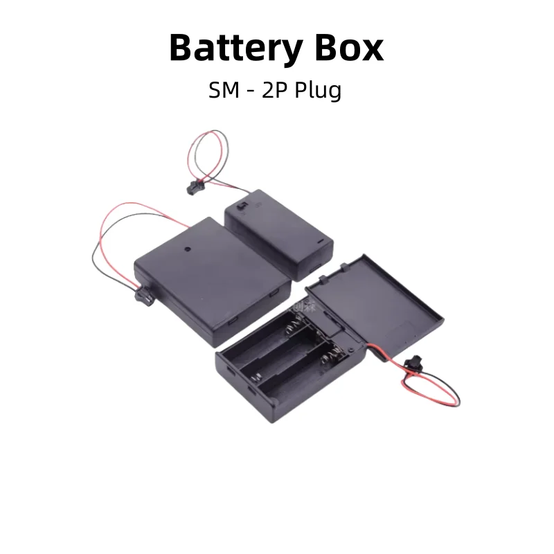 Battery Box For AA/AAA Batteries (2 - 4 Cells) With Cover, Switch And SM - 2P Aircraft Plug Wire For Toys And Door Locks