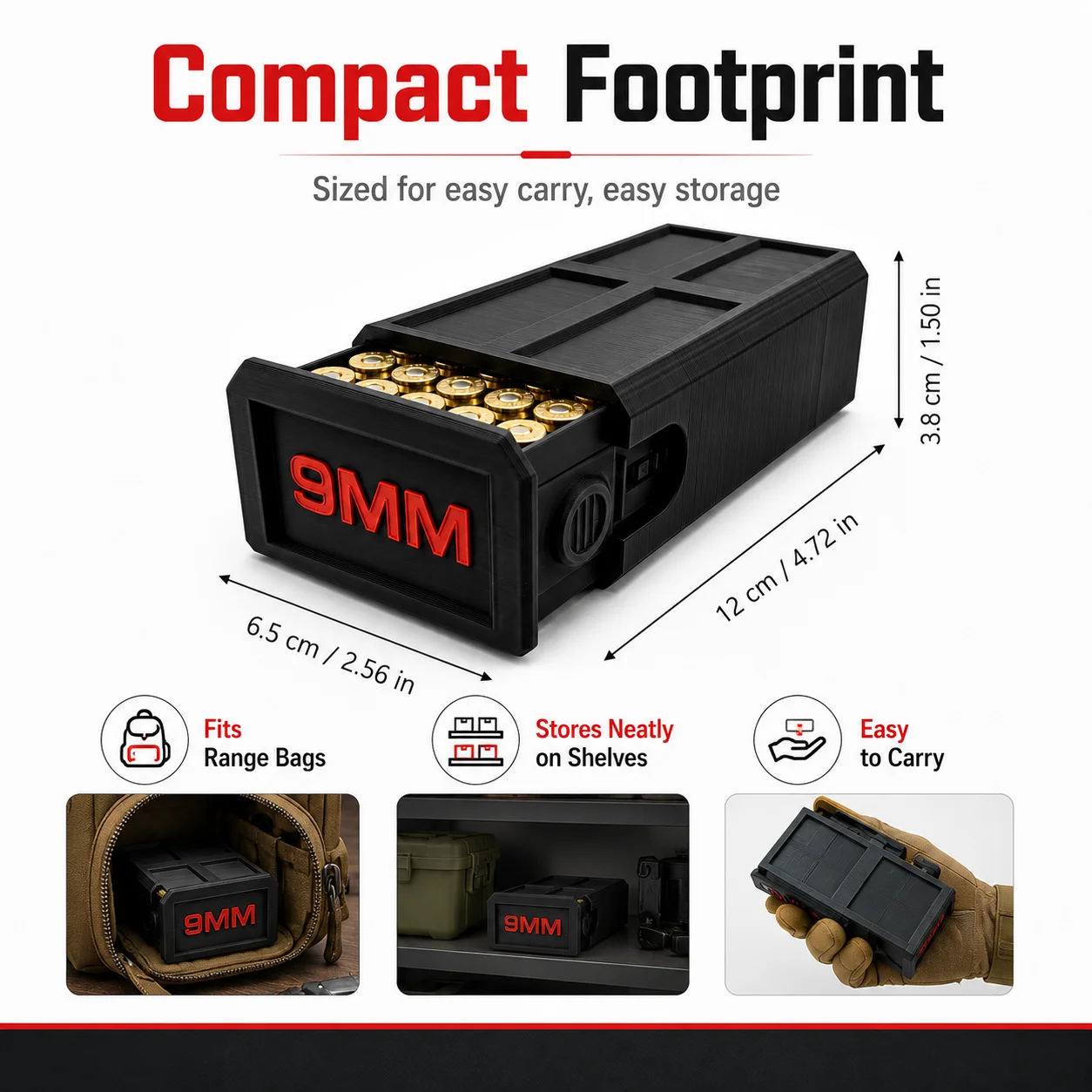 A compact storage case capable of holding 50 9mm rounds—convenient for carrying to the shooting range.