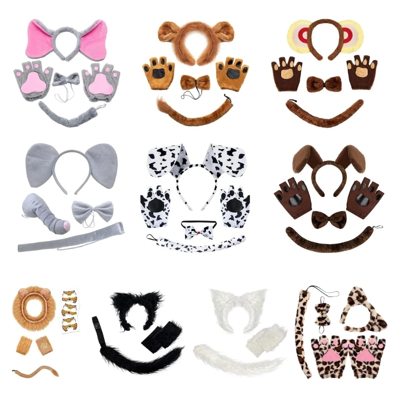 Child Halloween Animal Costume Accessories Elephant Lion Monkey Dog Cats Costume Tail Headband Glove for Girl Cosplay