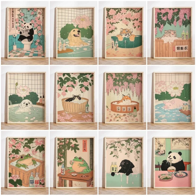 (No frame)Classic Japanese Style Poster Funny Panda Ukiyo-e Style Toilet Print Canvas Painting Vintage Wall Art Picture for H