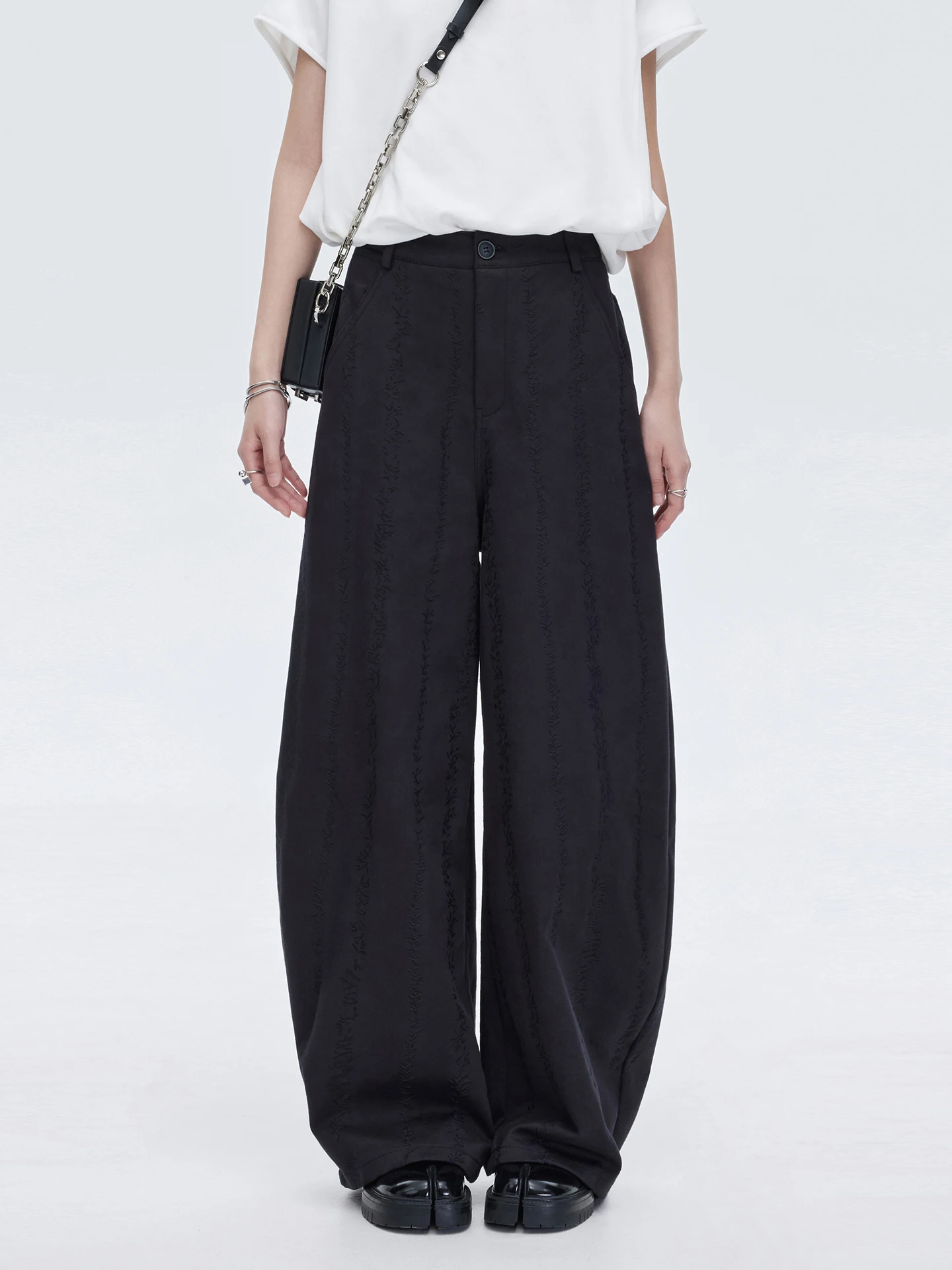 

Женские повседневные брюки с высокой талией и широкими штанинами, текстурированные, черные, свободного кроя, весна 2026, хлопок/полиэстер