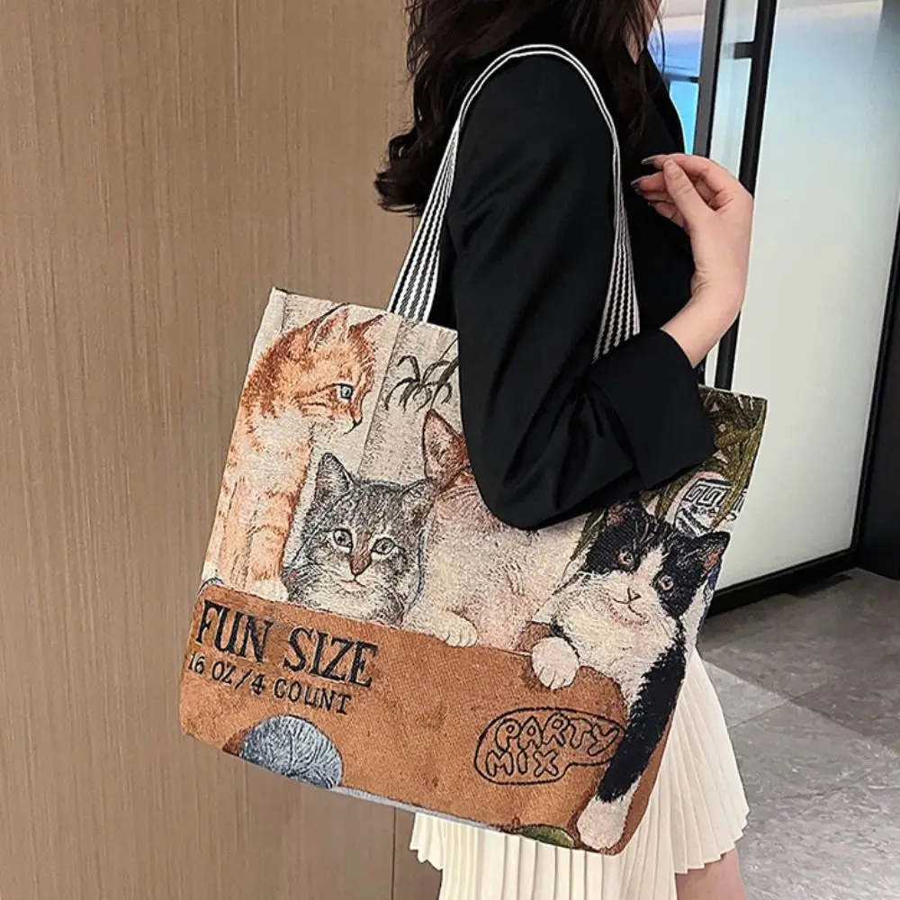 Dog Ethnic Style Handbag Large Capacity Embroidery Animal Shoulder Bag Cosmetic Bag Shoulder Bags Cute Cat Cloth Bag Shopping