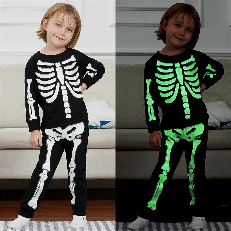 Halloween Luminous Skull Pattern Kids Nightwear 2pcs Joy Pajama Long Sleeve Toddler Boys Girls T Shirt Pants Children Pijama Set