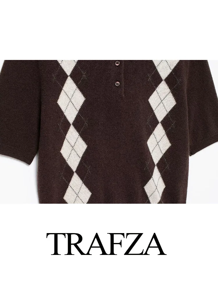 Trafza feminino primavera casual manga curta pullovers marrom escuro turn-down colarinho único breasted moda feminina camisola topos