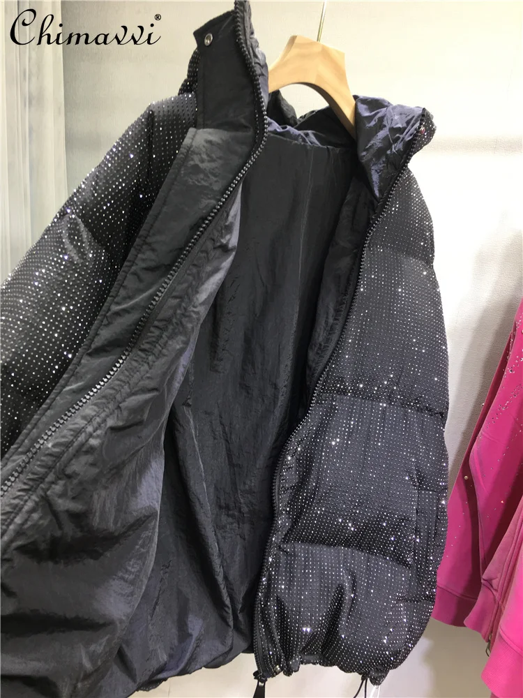 Heavy Thickened Quilted Jacket Full Diamond Hooded Coat Warm Jacket Winter New Fashion Long Sleeve Elegant Mid-length Black Coat