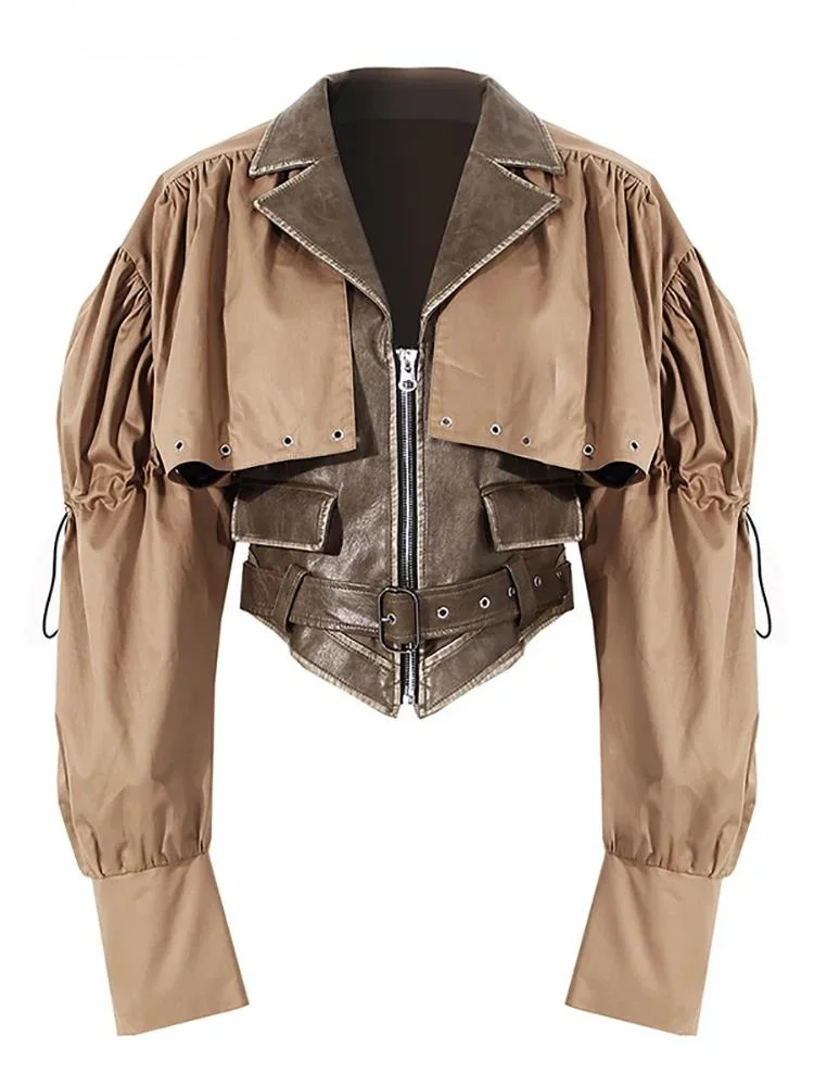 2024 New Autumn And Winter Fashion Women Clothes Turn-down Collar Full Sleeves Spliced PU Leather Patchwork Jacket 20T0