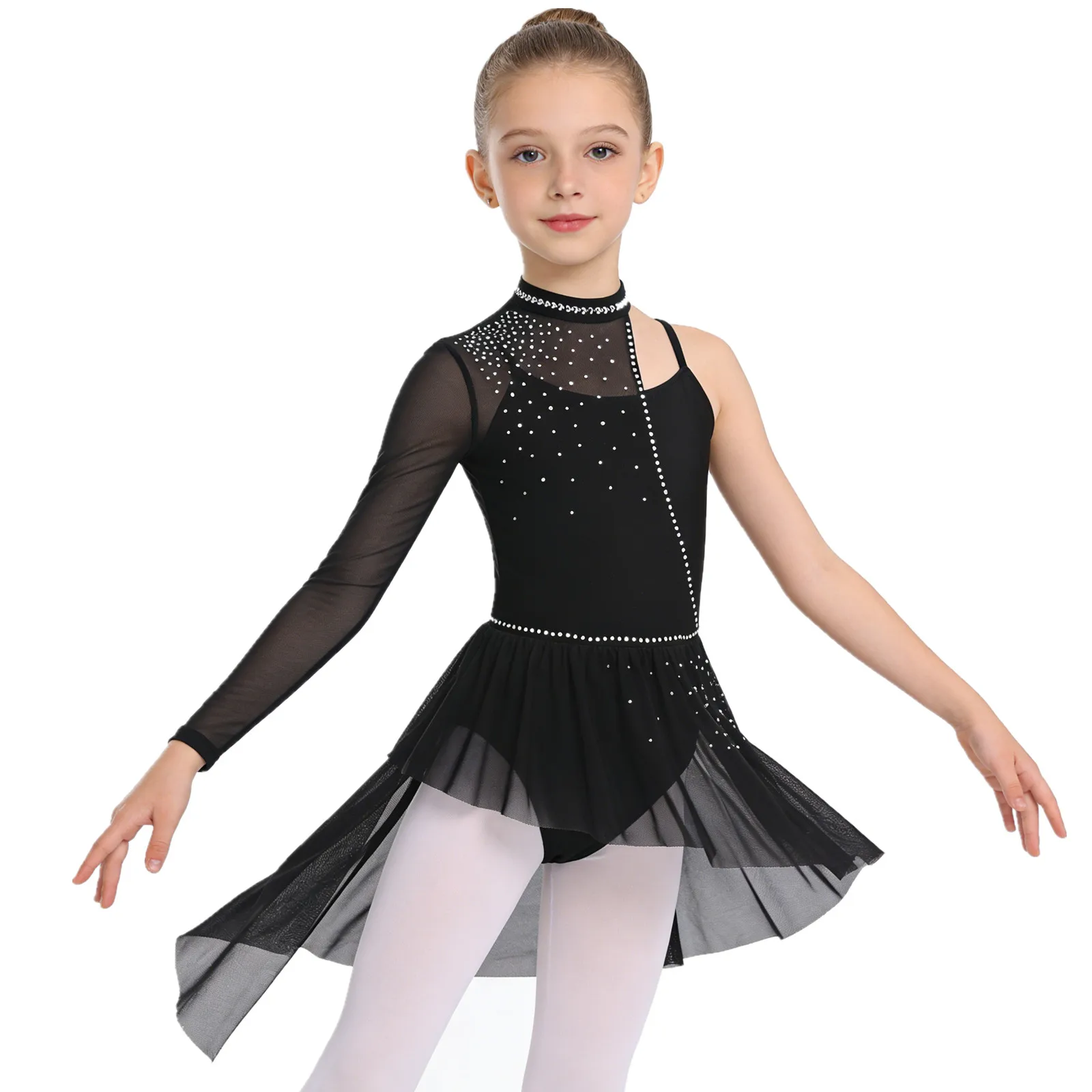 Kids Girls Modern Lyrical Dance Dress Shiny Rhinestone Sheer Mesh Figure Skating Gymnastics Acrobatics Ballet Leotard Dresses