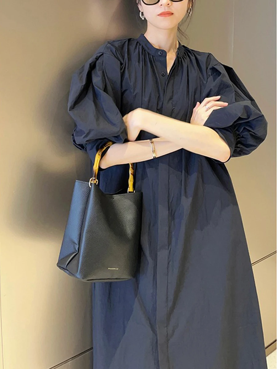 Stunning Black Shirt Dress Unique Beautiful Korean Style Long Sleeve A-Line Silhouette Drawstring Detail Polka Dot Print