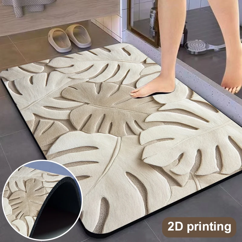 2D Tropical Leaf Print Floor Mat Non-slip Diatomaceous Bathroom Kitchen Carpet Absorbent Quick-drying Shower Doormat Home Decor