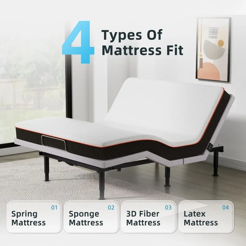 Telaio base letto regolabile Queen, massaggio e telecomando wireless, doppie porte USB, struttura letto imbottita ergonomica, motore di sollevamento, sotto essere