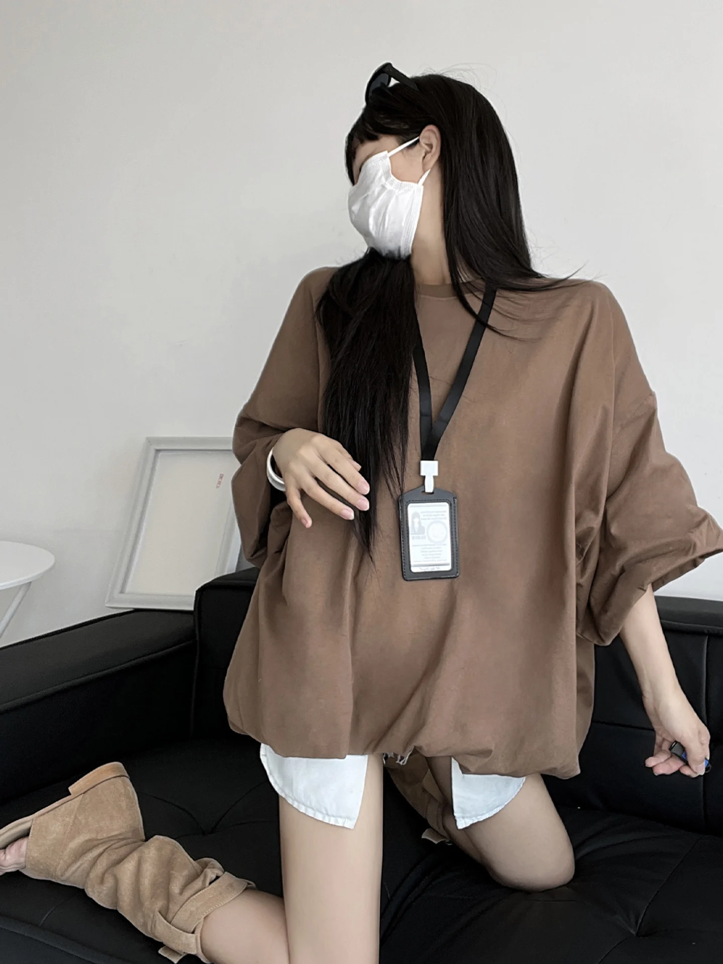 

Loose Bubble Sve T-irt Women's Casual Slimming Meat Covering Spring Summer Top Korean Sle round Ne Mid-Length