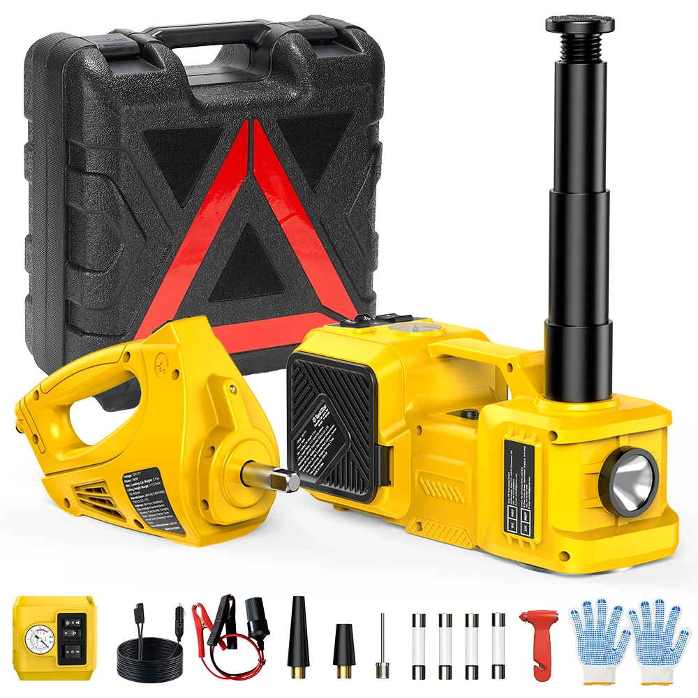 TaskStar Elektrischer Wagenheber-Set 5 Tonnen/11023 lbs 12V Hydraulischer Wagenheber mit Schlagschrauber & Reifenfüllpumpe, integriertes aufblasbares LED-Licht für SUV, Limousine, LKW, Reifenwechsel,