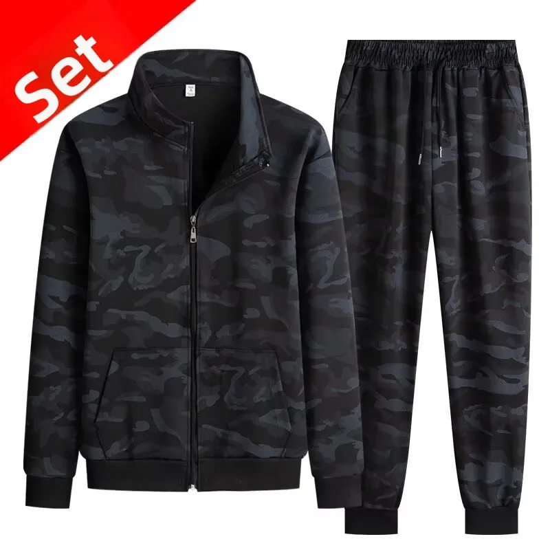 Men's Workwear Camouflage Zipper Jacket And Pants Set Autumn Spring Leisure Stand Collar Wear Resistant Long Trousers Two Pie...