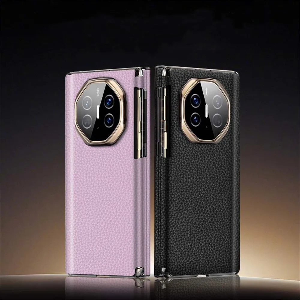 

Premium Natural Cowhide Leather Double Hinge Protective Case for Huawei Mate XT Half-Wrapped Cover