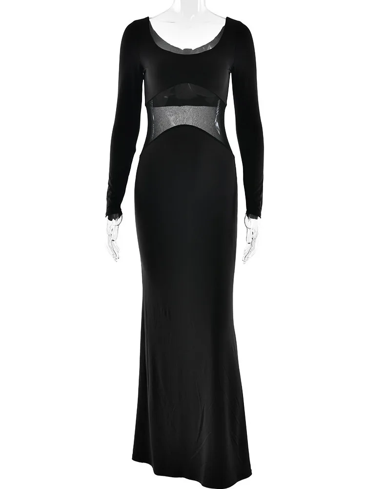 Articat élégant à manches longues couleur unie maille transparente Patchwork robe femmes serré robe Sexy automne hiver fête robe de soirée