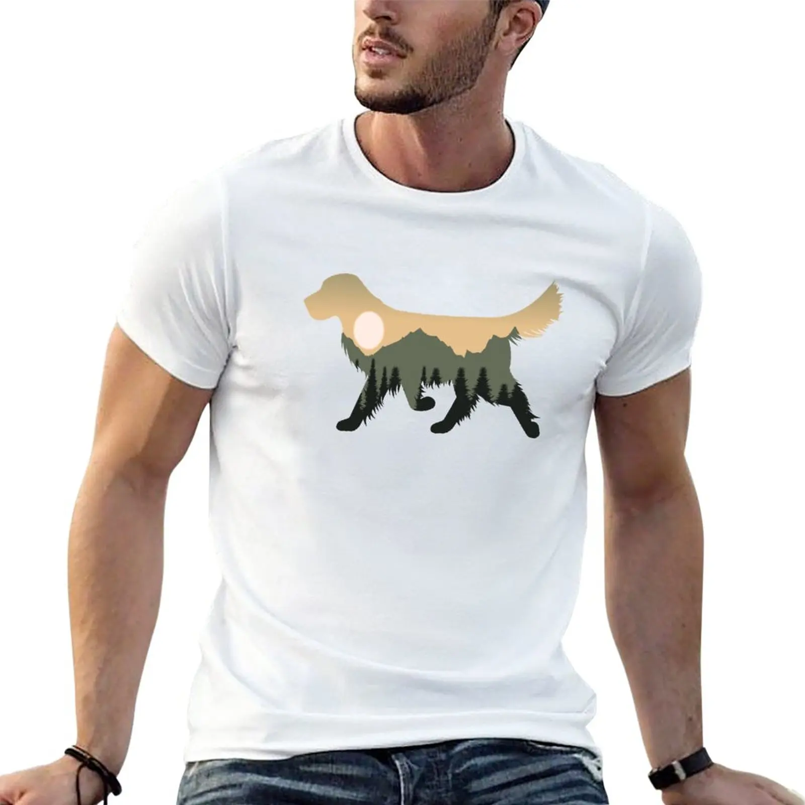 

New golden retriever dog forest mountain sunset gift T-Shirt vintage t shirt summer top clothes for men