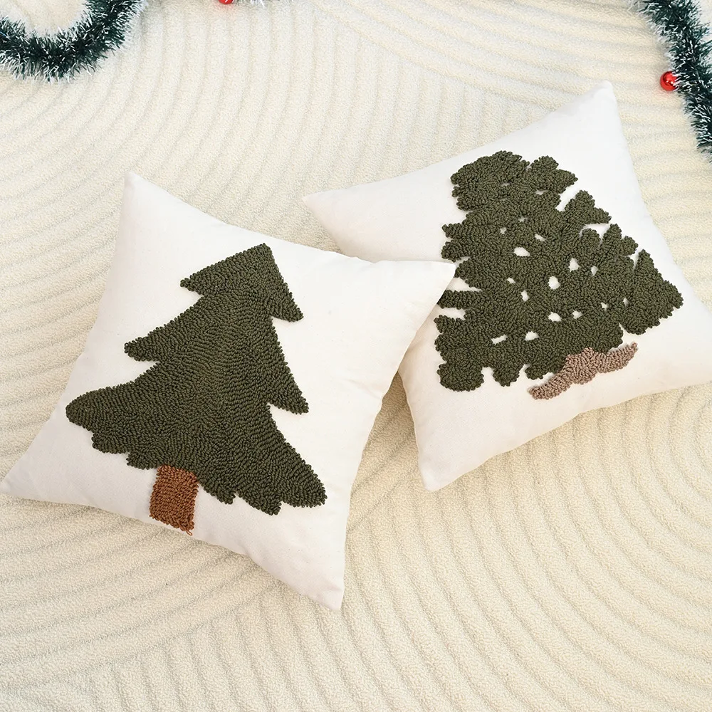 Merry Christmas Cushion Cover Canvas Tuft Christmas Tree Embroidery Pillowcase Sofa Bedhead Waist Pillowcase Festival Decorative