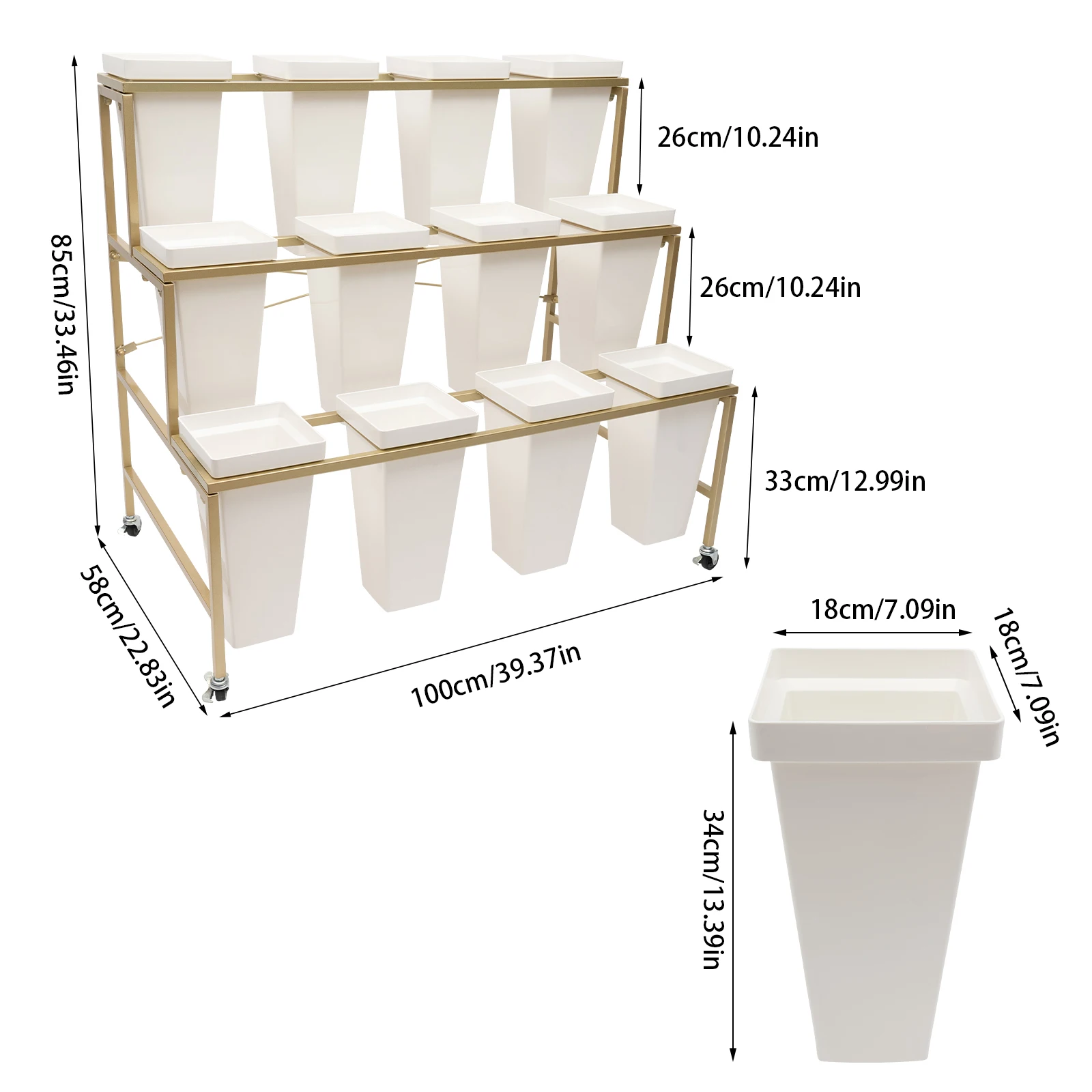 3 Layers White Flower Display Stand Heavy Duty Metal Plant Cart Shelf with 12 Buckets & Wheel for Home Patio Garden Florist image 4