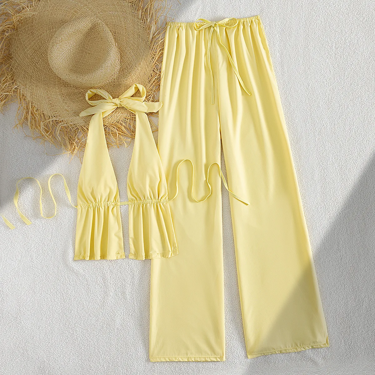 2‑Pcs Halter Bikini Set Solid Yellow Ruffle Top Elastic Waist Wide Leg Pants Bathing Suit For Beach Pool Brazil Summer Swimwear