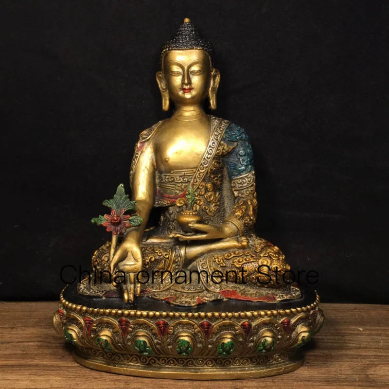 

22.5cm Ancient Chinese Tibetan Pure Copper Painted Buddha Statue of Shakyamuni Pharmacist Decoration