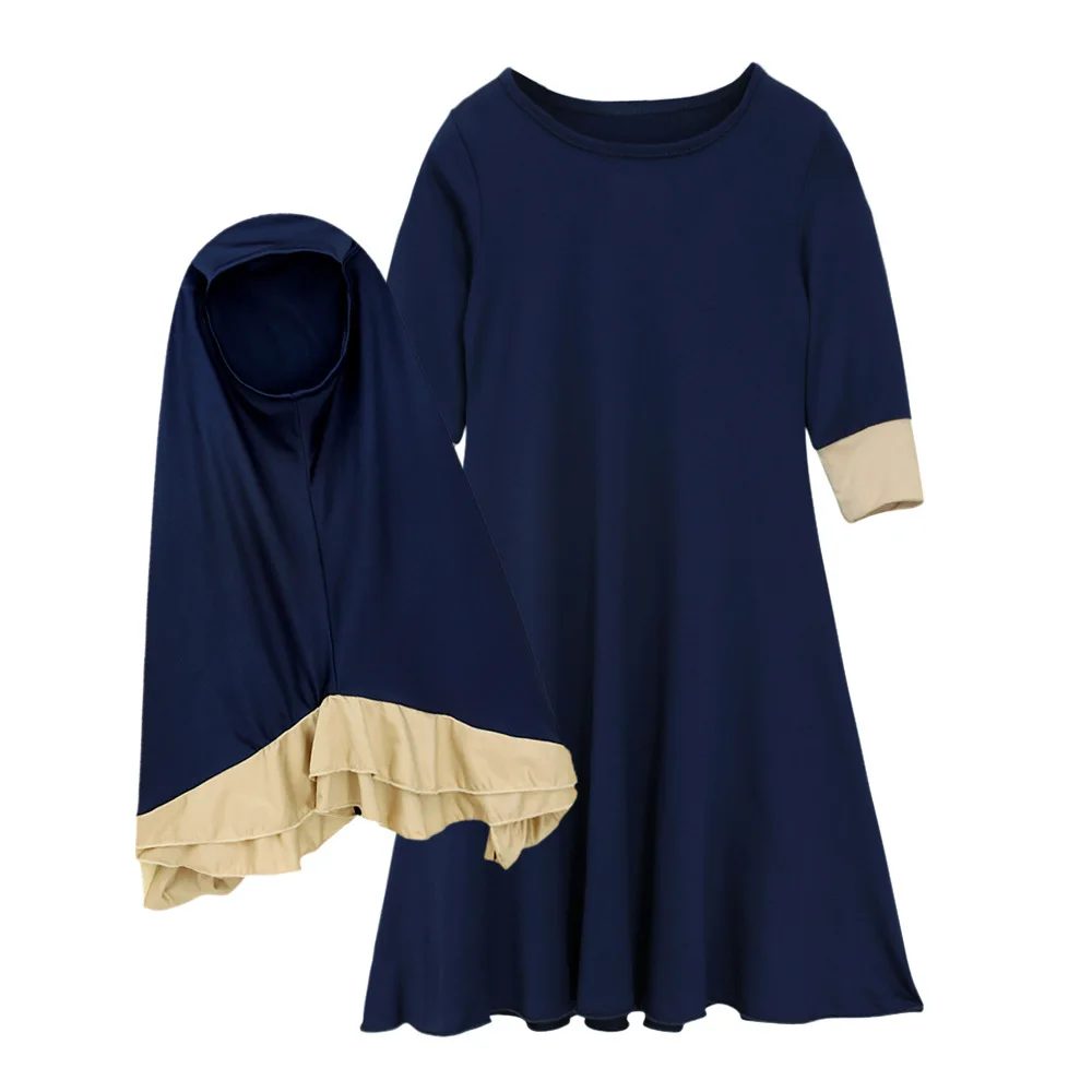 

2pcs Set Muslim Girl Dress With Hijab Full Cover Arab Middle East Islamic Prayer Burka Kaftan Abaya Lace Bow Patchwork Dark Blue