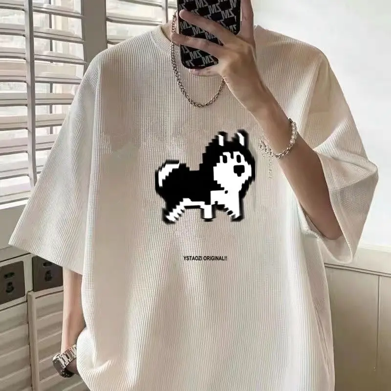 

Waffle heavy short-sleeved T-shirt men's ins fashion brand summer 2024 new loose oversize design half-sleeve men clothing tops