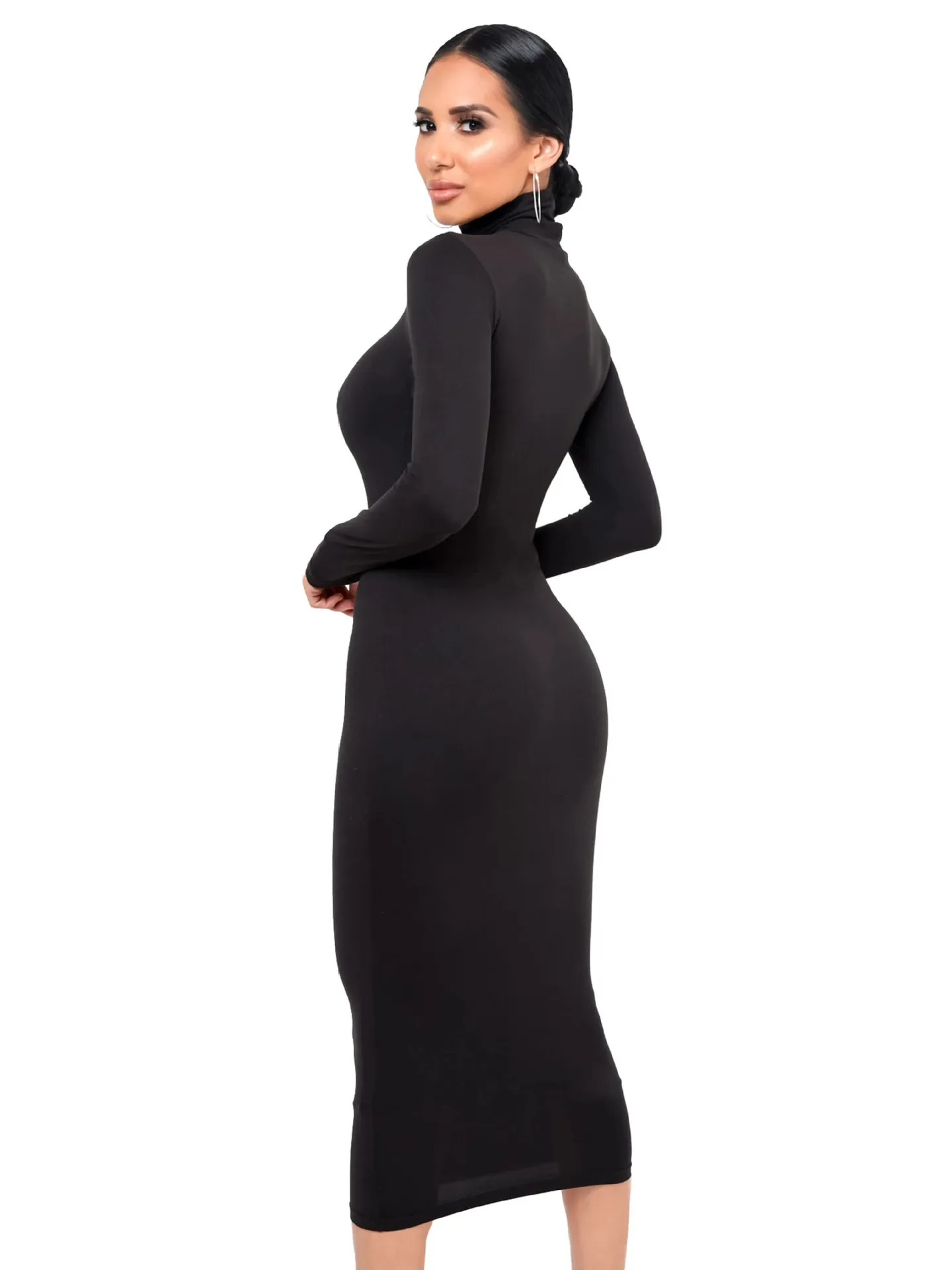 M3029 women's autumn and winter new black dress sexy temperament high collar grasp hair thick slim pack hips