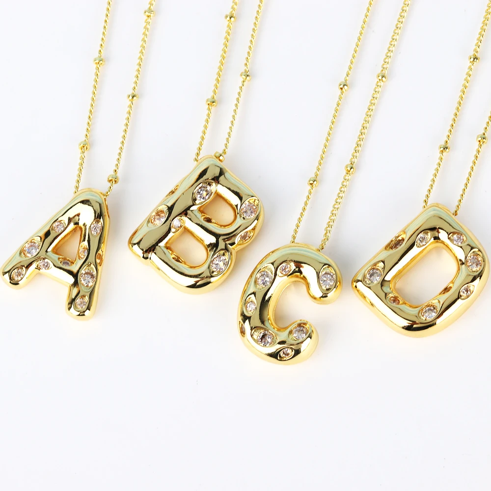 Zircon Chunky Alphabet Balloon Letter Pendant Necklace A-Z Name Bubble Necklace for Family Women Men Fashion Jewelry Gifts