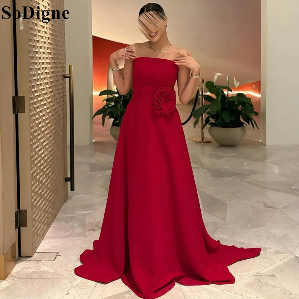 SoDigne Elegant Red Satin Evening Dresses A-Line Strapless 3D Flowers Pleated Party Dress 2025 Saudi Arabia Prom Gown Customized